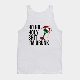 Christmas Humor. Rude, Offensive, Inappropriate Christmas Design. Ho Ho Holy Shit I'm Drunk. Black Writing with Christmas Lights Wine Glass and Santa Hat Tank Top